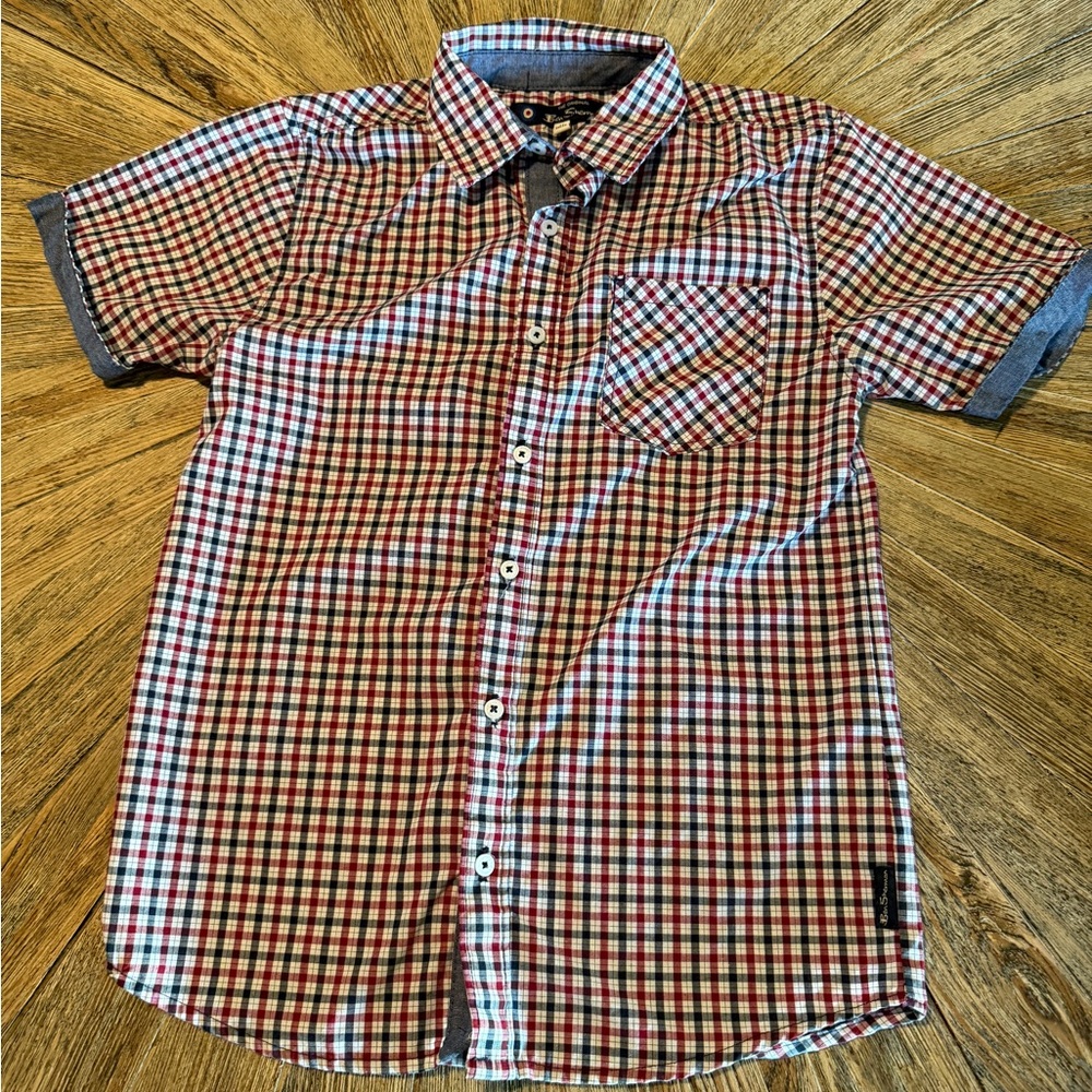Boys Ben Sherman medium 10/12 small check red short sleeve shirt chambray trim